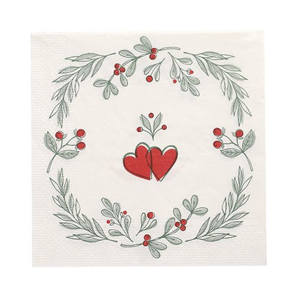 PAPSTAR GmbH 20 ubrousků, 33x33 cm, 3-vrstvé, sada 6: slavnostní bílé ubrousky se dvěma červenými srdci uprostřed, obklopené zelenými listy a červenými bobulemi - ideální pro zvláštní příležitosti.