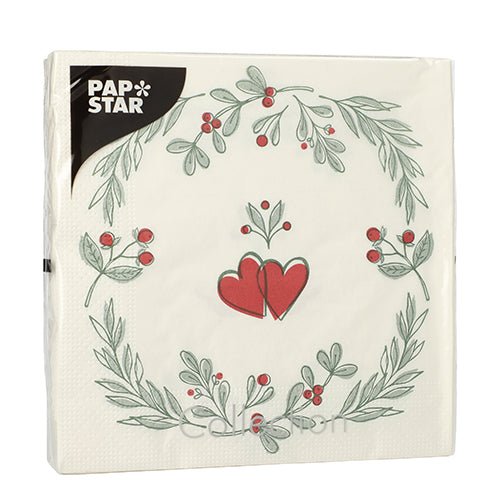 PAPSTAR 20 ubrousků, 33x33 cm, 3-vrstvé od PAPSTAR GmbH (designová sada 6) ukazuje bílý ubrousek se zeleným listovým a červeným bobulovým věncem, červenými srdci uprostřed a černým "PAP STAR" štítkem nahoře vlevo.