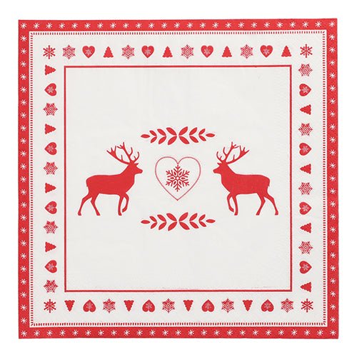 PAPSTAR 20 ubrousků, 40 cm x 40 cm, 3-vrstvé od PAPSTAR GmbH s červeným a bílým designem: dva sobi, srdce se sněhovou vločkou a slavnostní bordura se srdíčky, sněhovými vločkami a stromy.