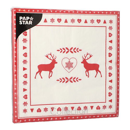 Balení 20 PAPSTAR-ubrousků, 3-vrstvé, 40 x 40 cm, s červeno-bílým designem se dvěma soby, kteří stojí naproti srdci a jsou obklopeni srdíčky, sněhovými vločkami a listy. Značka: PAPSTAR GmbH.