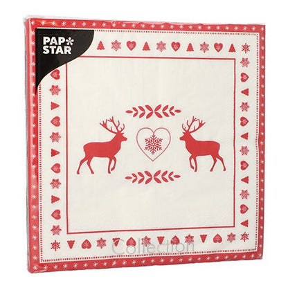 Balení 20 PAPSTAR-ubrousků, 3-vrstvé, 40 x 40 cm, s červeno-bílým designem se dvěma soby, kteří stojí naproti srdci a jsou obklopeni srdíčky, sněhovými vločkami a listy. Značka: PAPSTAR GmbH.
