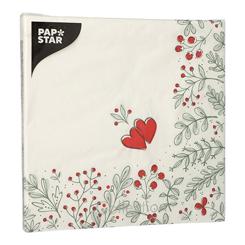 Balení PAPSTAR 20 ubrousků, 40x40 cm, 3-vrstvé, s bílým pozadím, červenými bobulemi, zelenými listy a červeným srdcem uprostřed. Jméno značky PAPSTAR GmbH se objevuje v levém horním rohu.