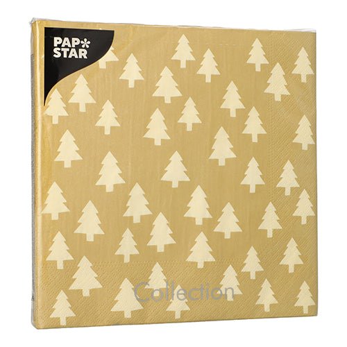 Balení 20 ubrousků od PAPSTAR GmbH se skládá ze zlatých čtvercových 3-vrstvých ubrousků (40x40 cm) s bílým vánočním stromkovým vzorem, „Papstar“ v levém horním rohu a „Collection“ dole.