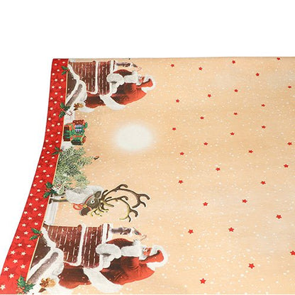 Ubrus (papír, 3 m x 1,2 m) od PAPSTAR GmbH má vánoční design se Santou, soby, komíny na okraji a béžovým pozadím s červenými hvězdami a sněžením – perfektní pro elegantní slavnostní dekoraci.