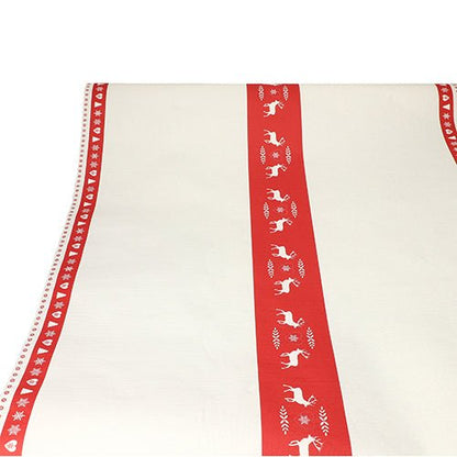 Papírový ubrus (3 m x 1,2 m) od PAPSTAR GmbH je bílý jednorázový ubrus se dvěma vertikálními červenými pruhy s bílými soby a dekorativními motivy – ideální pro slavnostní příležitosti.