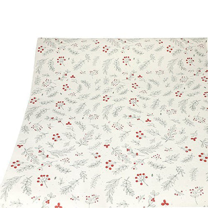 PAPSTAR Ubrus (papír, 3 m x 1,2 m) od PAPSTAR GmbH vyniká krémovým pozadím s červenými bobulemi a zelenými listy – ideální pro stylovou stolní dekoraci. Položený naplocho a fotografovaný shora.