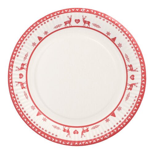 Sada deseti talířů od PAPSTAR GmbH se skládá z kulatých bílých papírových talířů (Ø 23 cm) s červeným okrajem, zdobených soby, srdci a geometrickými vzory. Ideální jednorázové talíře pro večírky a akce; střed talíře je prostý.
