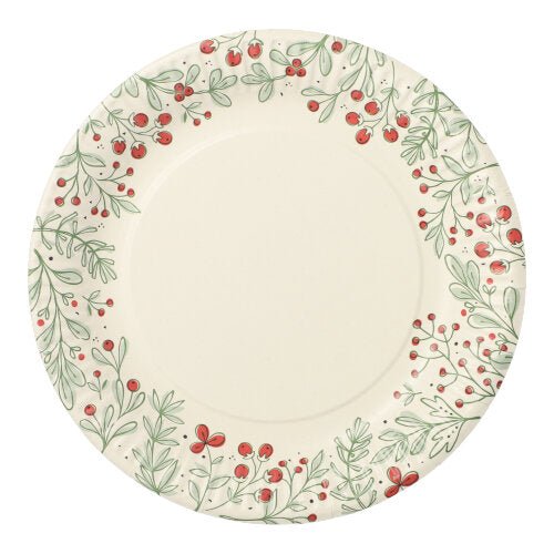 Talíř 10 ks, papírový kulatý Ø 23 cm od PAPSTAR GmbH vyniká svým kulatým designem s krémovou výplní a botanickým okrajem ze zelených listů a červených bobulí. Ideální pro večírky a akce. Prázdný talíř je zobrazen shora.