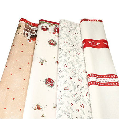 Papírový ubrus PAPSTAR GmbH (3 m x 1,2 m) nabízí slavnostní vánoční motivy jako Santa, věnec, cesmína, jelen a sněhové vločky v červené, zelené a béžové – ideální jako ubrus nebo pro kvalitní jednorázové produkty.