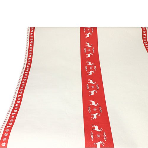 Papírový ubrus od PAPSTAR GmbH (3 m x 1,2 m) má bílý design se dvěma svislými červenými pruhy a bílými siluetami sobů, srdcí a hvězd – ideální pro jednoduchou, ale slavnostní stolní dekoraci.