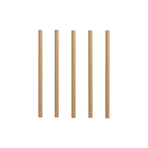 Pět hnědých PAPSTAR 500 koktejlových brček (papír, Ø 7 mm, 15 cm) od PAPSTAR GmbH stojí vzpřímeně v řadě na jednoduchém bílém pozadí.
