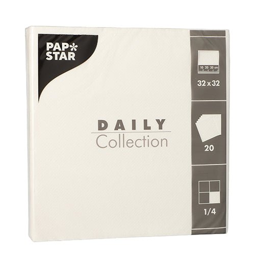 Balíček PAPSTAR 20 ubrousků "DAILY Collection" 1/4-skládání, 32 x 32 cm, bílá od PAPSTAR GmbH – ideální pro stolní dekoraci. Na přední straně balení jsou uvedeny rozměry a detaily skládání.
