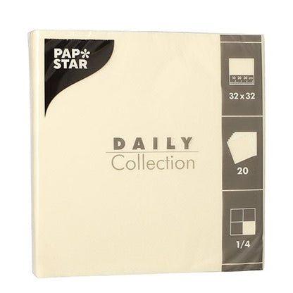 PAPSTAR 20 ubrousků „DAILY Collection“, krémové, 32x32 cm, 1/4-složené od PAPSTAR GmbH – ideální pro stolní dekoraci; balení obsahuje 20 ubrousků, čtvrtinové složení a značení.