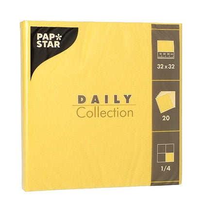 PAPSTAR GmbH 20 ubrousků "DAILY Collection", 1/4-skládání, 32 x 32 cm, žluté – ideální pro stolní dekoraci. Skládání (1/4-skládání) a množství (20 kusů) najdete na pravé straně balení.
