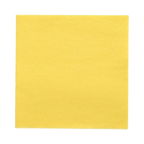 Jedna PAPSTAR 20 ubrousků „DAILY Collection“ 1/4-skládání (32x32 cm) ubrousek od PAPSTAR GmbH, ve žluté barvě s decentní strukturou a rovnými hranami, leží na bílém podkladu – perfektní pro elegantní stolní dekoraci.