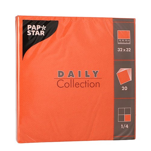 Balíček 20 oranžových PAPSTAR ubrousků „DAILY Collection“ od PAPSTAR GmbH, 1/4-skládání, každý o velikosti 32 x 32 cm.