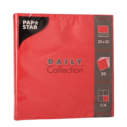 Balíček s 20 ubrousky od PAPSTAR GmbH z „DAILY Collection“, 1/4-skládání, 32x32 cm, červené. Balení obsahuje symboly a text se všemi důležitými detaily.