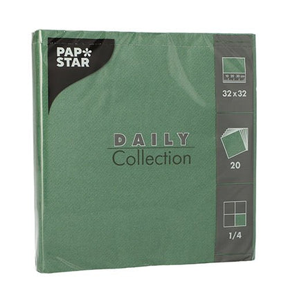 Zelené balení s 20 ubrousky „DAILY Collection“ od PAPSTAR GmbH, 32 x 32 cm, 1/4-složené – perfektní pro stylovou stolní dekoraci, s detaily produktu na přední straně.