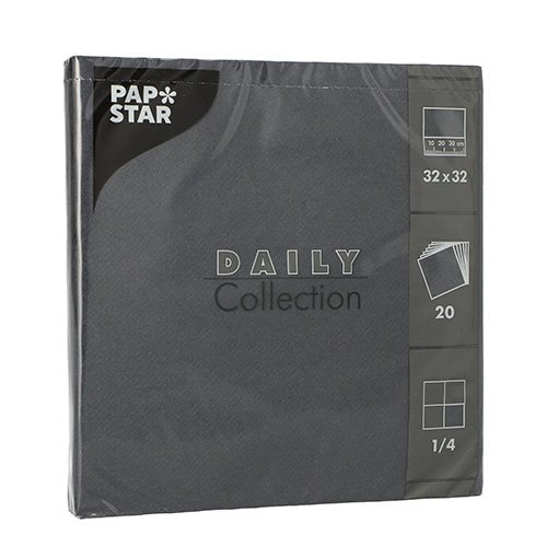 Balíček 20 ubrousků (1/4-skládání, 32x32 cm) od PAPSTAR GmbH z „DAILY Collection“ v tmavě šedé barvě – ideální pro stylovou stolní dekoraci a opatřený značkou PAPSTAR.