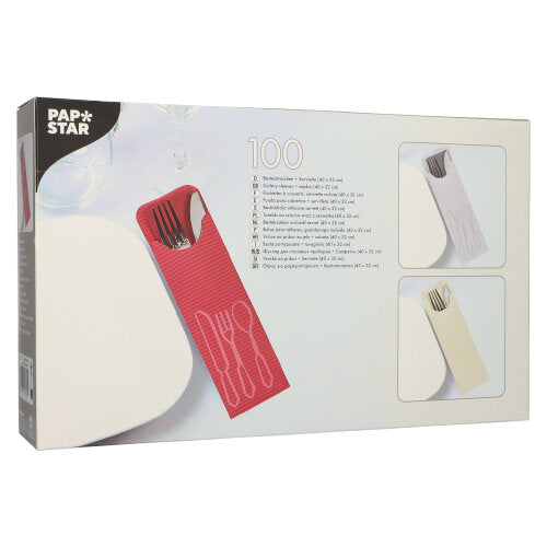 Eine Schachtel mit 100 PAPSTAR Bestecktaschen (23,5 x 7,3 cm) mit farbigen Bistro-Servietten, jeweils mit Besteckfächern – ideal für den Gastronomiebereich; von der PAPSTAR GmbH.