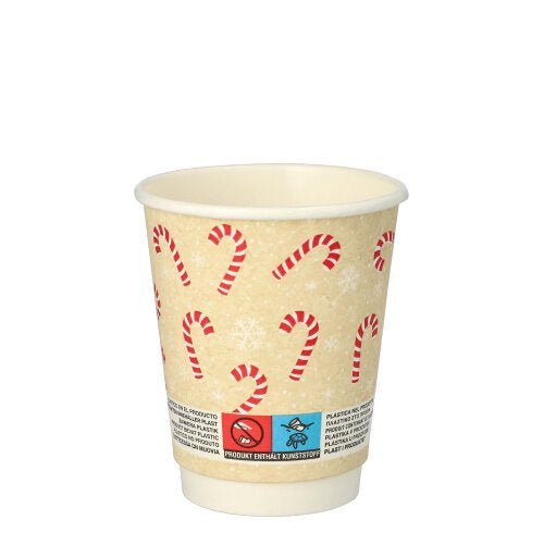 Hrnek na pití PAPSTAR "Candy Canes" (0,2 l, Ø 8 cm, dvojitá stěna) od společnosti PAPSTAR GmbH se skládá z béžových hrnků s červenými a bílými cukrovými hůlkami, bílými sněhovými vločkami a štítkem s varovnými symboly na bílém pozadí. Balení po 25 kusech.