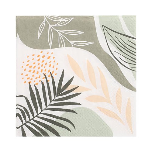 20 ubrousků PAPSTAR od PAPSTAR GmbH jsou třívrstvé papírové ubrousky, 33 x 33 cm, s abstraktním botanickým designem v zelené, béžové a žluté na bílé. Design Set 6 má čtvercový tvar a praktické 1/4-skládání.
