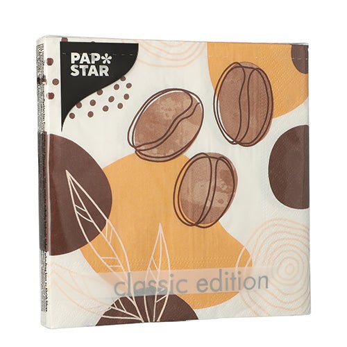 Balení PAPSTAR 20 ubrousků, 33x33 cm, 3-vrstvé, 1/4-skládání Design Set 5 od PAPSTAR GmbH ukazuje hnědé kávové zrno a abstraktní oranžovo/hnědé tvary na bílém pozadí.