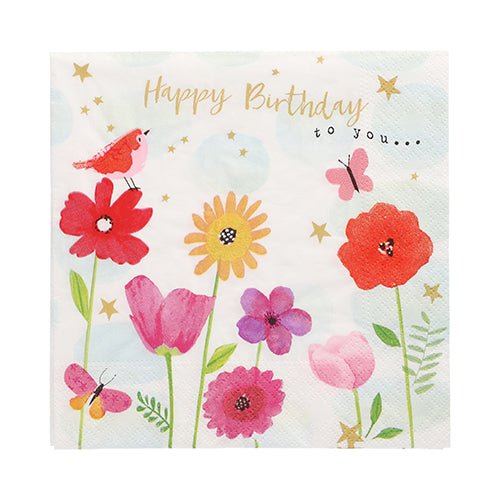 Ubrousky PAPSTAR 20 ubrousků 33x33 cm od PAPSTAR GmbH ukazují květinový a slavnostní design s červeným ptákem, motýly, zlatými hvězdami a textem "Happy Birthday to you..." na bílém pozadí.