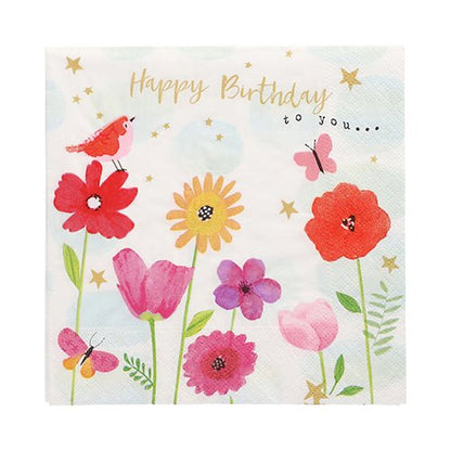 Ubrousky PAPSTAR 20 ubrousků 33x33 cm od PAPSTAR GmbH ukazují květinový a slavnostní design s červeným ptákem, motýly, zlatými hvězdami a textem "Happy Birthday to you..." na bílém pozadí.