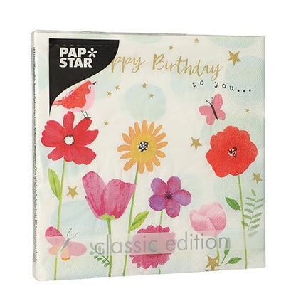 PAPSTAR 20 ubrousků (33x33 cm, 3-vrstvé, 1/4 skládání) od PAPSTAR GmbH ukazuje červené, růžové a žluté květiny, ptáka, motýla, zlaté hvězdy a text "Happy Birthday to you..." s PAPSTAR logem nahoře vlevo.