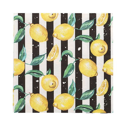 PAPSTAR 20 ubrousků, 33 cm x 33 cm, 3-vrstvé od PAPSTAR GmbH ukazují černobílý podélný pruhovaný design s žlutými citrony, plátky a zelenými listy, které jsou rozprostřeny po povrchu.