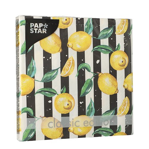 Balení 20 ubrousků PAPSTAR (33x33 cm, 3-vrstvé, 1/4-skládání) od PAPSTAR GmbH vyniká svým černobílým pruhovaným designem s citrony a zelenými listy pro stylovou odolnost.