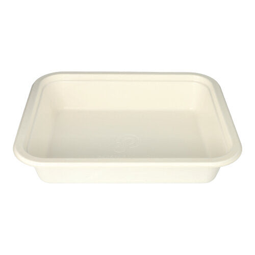 Ein weißer, rechteckiger PAPSTAR Gastronorm-Behälter GN 1/2 aus Zuckerrohr (PLA beschichtet), 4l, 6,5cm x 32,5cm x 26,5cm mit leicht erhöhtem Rand und abgerundeten Ecken – nachhaltiger Behälter von oben schräg betrachtet.