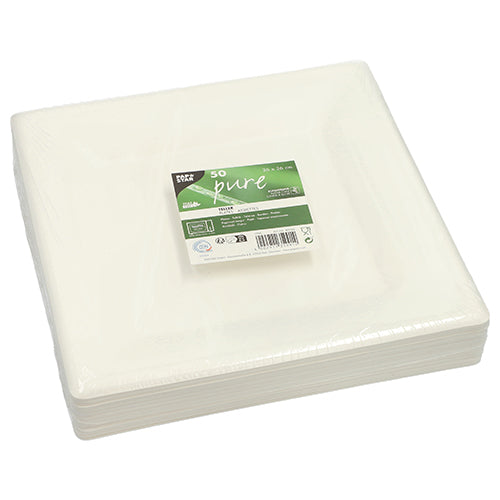 Stoh PAPSTAR 50 talířů z cukrové třtiny „pure“, udržitelných a kompostovatelných, od PAPSTAR GmbH, zabalený v plastu. Zeleno-bílý štítek nahoře ukazuje informace o produktu a číslo 50.