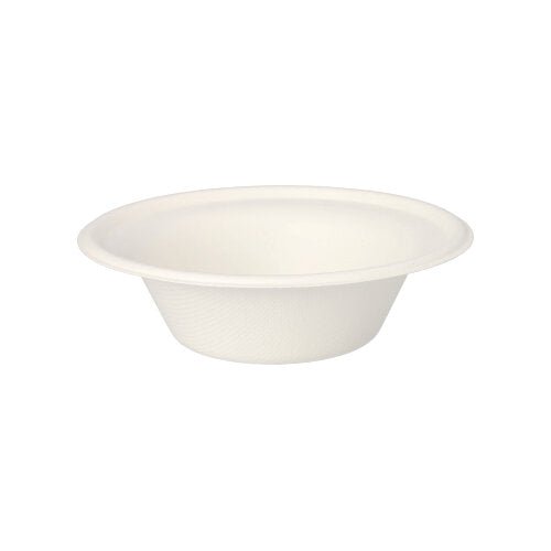 Misky PAPSTAR 12 „pure“ od PAPSTAR GmbH jsou jednoduché bílé jednorázové misky z biologicky odbouratelné cukrové třtiny, zobrazené na bílém pozadí.