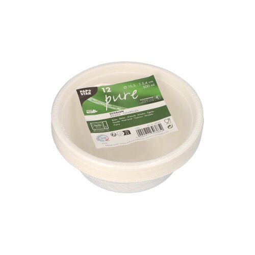 Stoh 12 PAPSTAR misek, cukrová třtina „pure“ od PAPSTAR GmbH v balení se zelenou etiketou. Každá ekologická jednorázová miska pojme 500 ml a je vyrobena z biologicky odbouratelného materiálu.