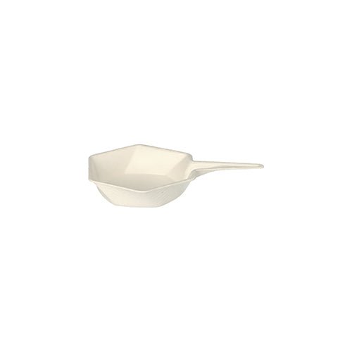 PAPSTAR 50 misek na finger food "pure" Hexagon z bílé cukrové třtiny od PAPSTAR GmbH jsou ekologické, šestihranné s bočním úchytem a jsou prezentovány na bílém pozadí.