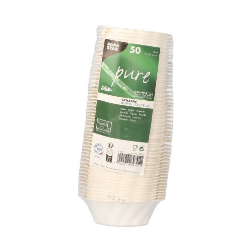 Stoh 50 PAPSTAR misek na fingerfood z cukrové třtiny, bílá, 3x9,5x6 cm "Wave" od PAPSTAR GmbH, zabalený v plastu s informacemi o produktu a recyklačními symboly, jako náznak udržitelných obalů na fingerfood.