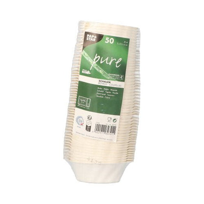 Stoh 50 PAPSTAR misek na fingerfood z cukrové třtiny, bílá, 3x9,5x6 cm "Wave" od PAPSTAR GmbH, zabalený v plastu s informacemi o produktu a recyklačními symboly, jako náznak udržitelných obalů na fingerfood.