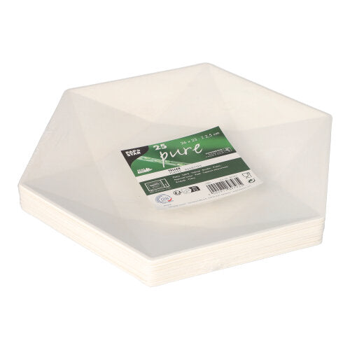 Ein Stapel weißer, sechseckiger PAPSTAR Teller Zuckerrohr "pure" 6-eckig Platten (25 Stück, umweltfreundlich) der PAPSTAR GmbH, mit einem grün-weißen Etikett mit Produktinfo und Barcode auf der Oberseite.