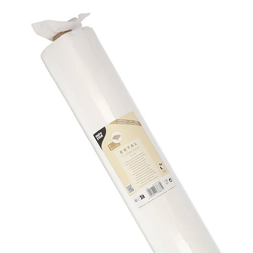 Role PAPSTAR ubrusu, látkový vzhled, PV-Tissue Mix „ROYAL Collection“ (20 m x 1,18 m) od PAPSTAR GmbH je vyfotografována s béžovou etiketou s detaily produktu, pokyny k použití, na bílém pozadí.