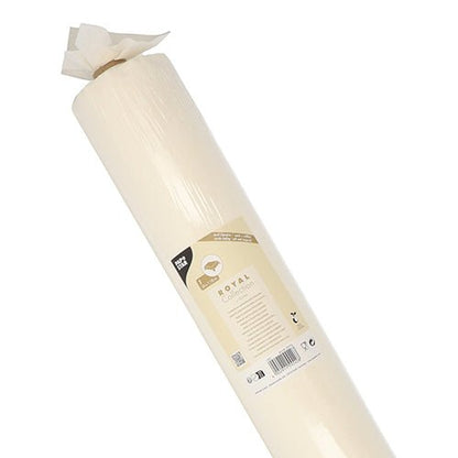 Krémový ubrus o rozměrech 20 m x 1,18 m PAPSTAR, látkový vzhled PV-Tissue Mix z kolekce ROYAL od PAPSTAR GmbH, je zabalený v plastové fólii a na jednom konci opatřený papírovou etiketou.