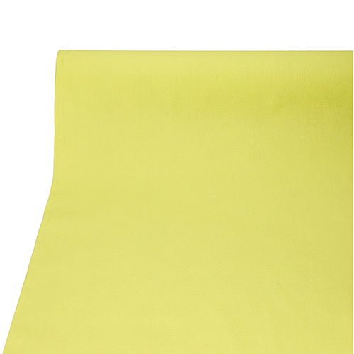 Částečně rozvinutý PAPSTAR ubrus, látkový vzhled, PV-Tissue Mix „ROYAL Collection“ (20 m x 1,18 m) od PAPSTAR GmbH je vyobrazen na bílém pozadí a ukazuje svou hladkou texturu a rovnoměrnou světle žlutou barvu.