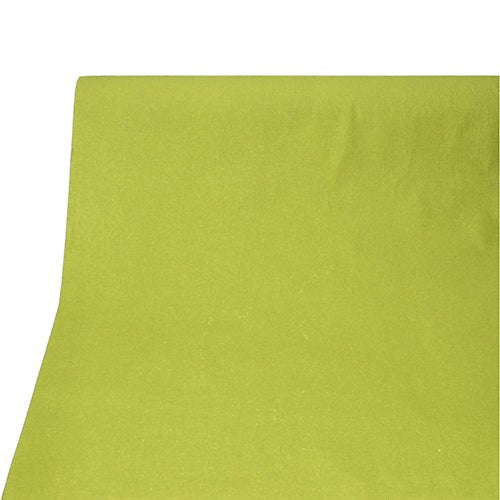 Detailní záběr PAPSTAR ubrusu, látkový vzhled, PV-Tissue Mix „ROYAL Collection“ (20 m x 1,18 m) od PAPSTAR GmbH v jednobarevné světle zelené ukazuje lehké vrásky na látkovém povrchu před jednoduchým bílým pozadím.