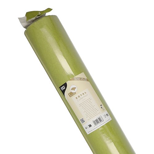 Role PAPSTAR ubrusu, látkový vzhled, PV-Tissue Mix „ROYAL Collection“ (20m x 1,18m) od PAPSTAR GmbH je vyobrazena ve světle zelené s lesklým povrchem. Je připevněna béžová etiketa s detaily produktu; vrch role je lehce rozbalen.