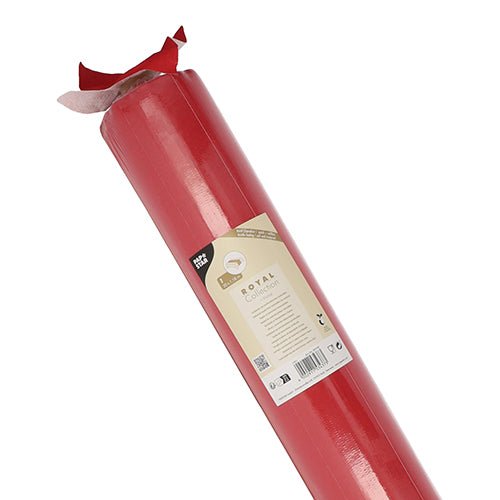 Role ubrusu "ROYAL Collection" od PAPSTAR GmbH, 20 m x 1,18 m, v červené barvě s béžovým štítkem a částečně navinutým horním okrajem, z vysoce kvalitního PV-Tissue Mix pro látkový pocit.