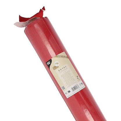 Role ubrusu "ROYAL Collection" od PAPSTAR GmbH, 20 m x 1,18 m, v červené barvě s béžovým štítkem a částečně navinutým horním okrajem, z vysoce kvalitního PV-Tissue Mix pro látkový pocit.