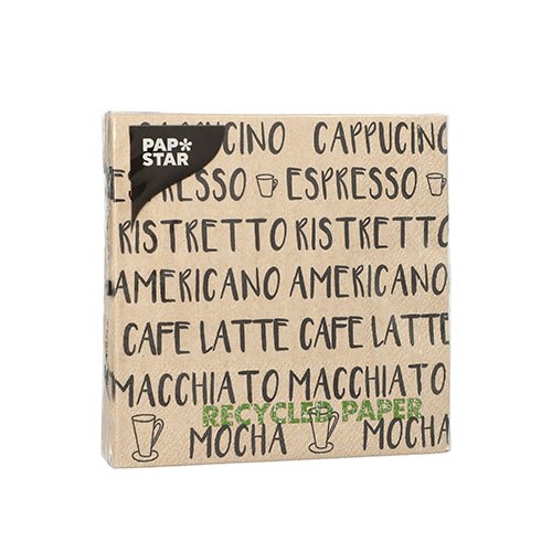 PAPSTAR 20 ubrousků, 25x25 cm, 3vrstvé, s kávovými motivy jako cappuccino a espresso v černé barvě – ideální pro stylovou stolní dekoraci. Značka: PAPSTAR GmbH.