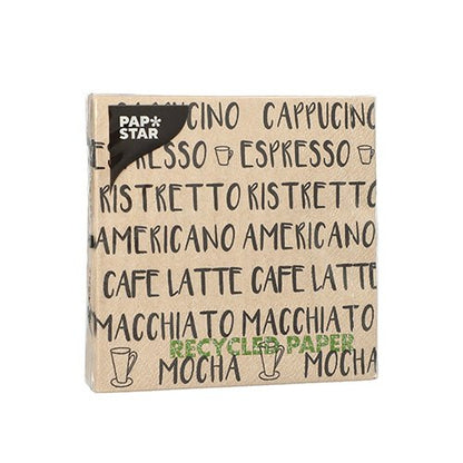 PAPSTAR 20 ubrousků, 25x25 cm, 3vrstvé, s kávovými motivy jako cappuccino a espresso v černé barvě – ideální pro stylovou stolní dekoraci. Značka: PAPSTAR GmbH.