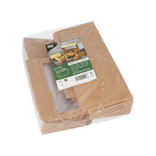 Balení v plastu obsahující 25 PAPSTAR cupcakových krabic čtvercových 10 cm s PLA okénkem od PAPSTAR GmbH, s horním štítkem s obrázky složených krabic, produktovými detaily a recyklačními symboly.